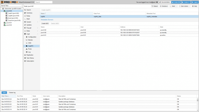 Screenshot von Proxmox VE 5.3 mit CephFS