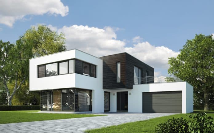 Haus Kubus mit Holzelementen