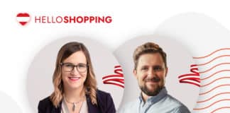 Links oben ist das helloShopping-Logo zu sehen. Weiters ist ein Bild von einer Frau und einem Herren zu sehen.