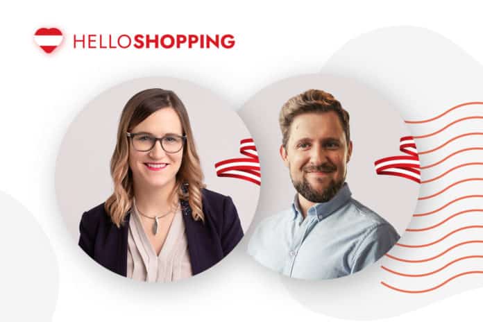 helloShopping Links oben ist das helloShopping-Logo zu sehen. Weiters ist ein Bild von einer Frau und einem Herren zu sehen.