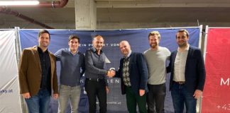 Die Gleichenfeier fand witterungsgeschützt in der Tiefgarage statt: Hans-Jürgen Steiner, Invester United Benefits; Thomas Deutinger, Wealthcore Investment Management; Martin Diesner, Swietelsky; Martin Vabitsch, United Benefits Holding; Roland Schwaiger, Invester United Benefits; Josef Honeder, Swietelsky (v.l.n.r.)