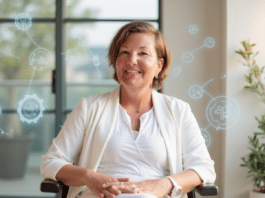 Eine lächelnde Frau in einem weißen Outfit sitzt entspannt in einem modernen Büro mit großen Fenstern. Im Hintergrund schweben digitale Symbole, die Themen wie Technologie, Vernetzung und Digitalisierung darstellen. Eine grüne Pflanze steht rechts neben ihr, was eine angenehme, natürliche Atmosphäre schafft.