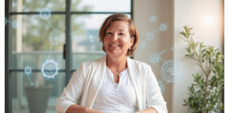 ESSENTIAE bringt „Shadow Consulting“ nach Österreich Eine lächelnde Frau in einem weißen Outfit sitzt entspannt in einem modernen Büro mit großen Fenstern. Im Hintergrund schweben digitale Symbole, die Themen wie Technologie, Vernetzung und Digitalisierung darstellen. Eine grüne Pflanze steht rechts neben ihr, was eine angenehme, natürliche Atmosphäre schafft.